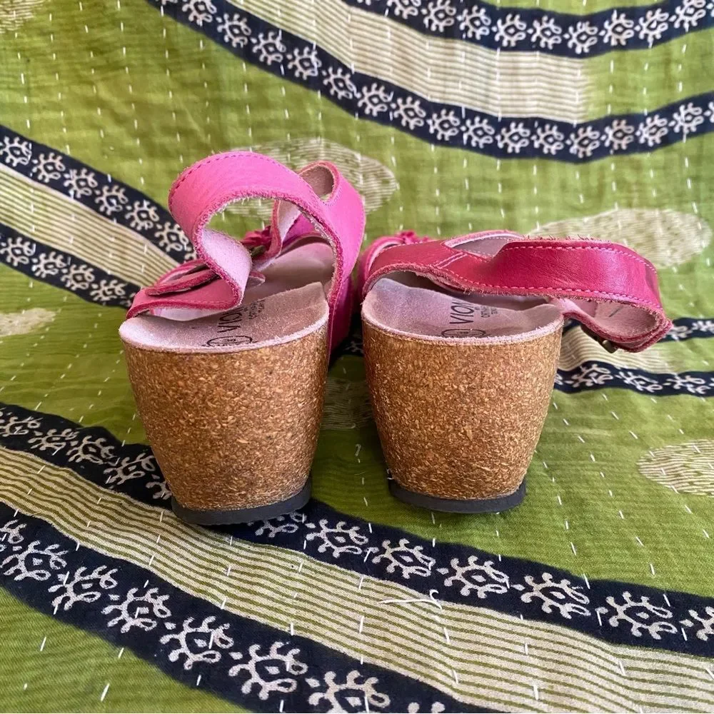 Vionic Pink Orthaheel Floral Strappy Leather Cork Wedge Heeled Sandals Size 7